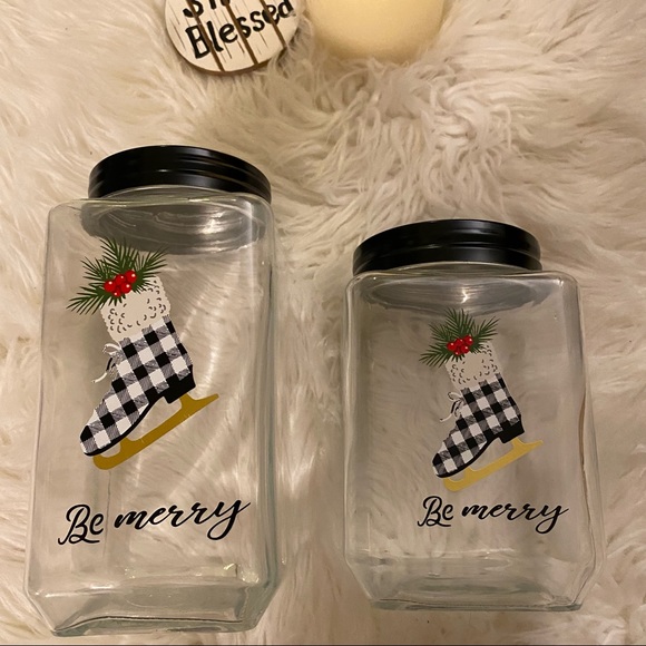 Christmas Black & White Buffalo Plaid Be Merry Ice Skate Set of (2) Canisters. - Picture 8 of 8